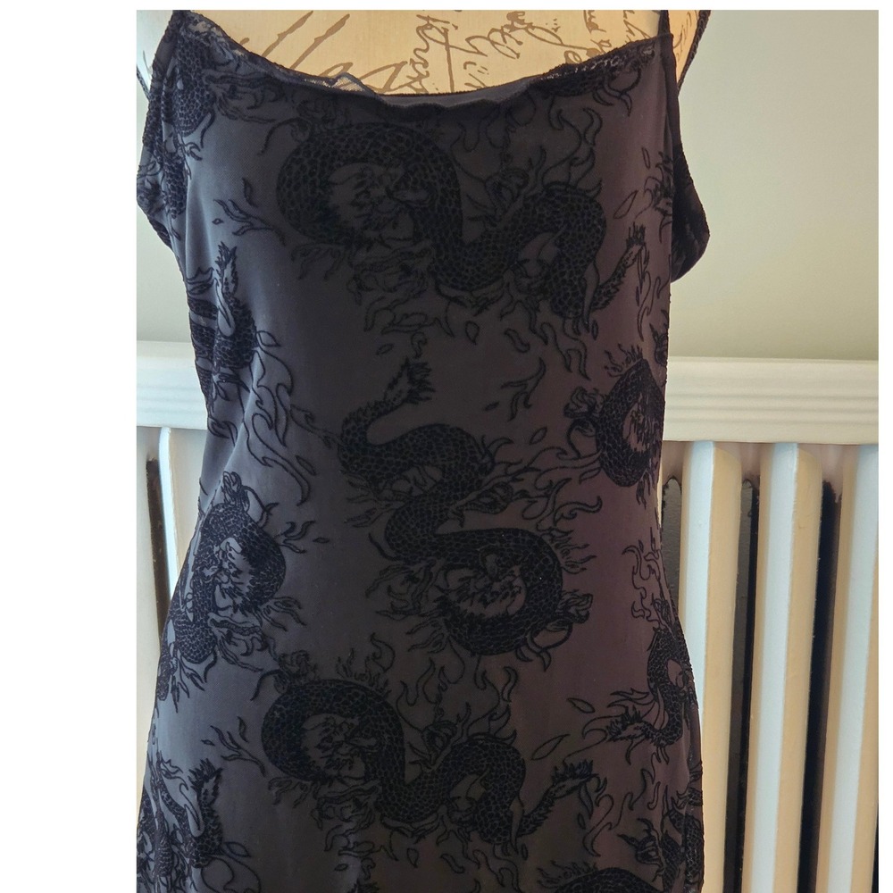Y2K 90s Black Mesh Dragon Print Mini Dress, Velvet Burnout Flocked Goth, Sz M - Picture 5 of 11